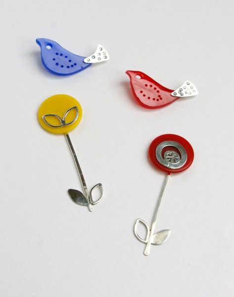 Colourful Silver and Bakelite bird and flower pins